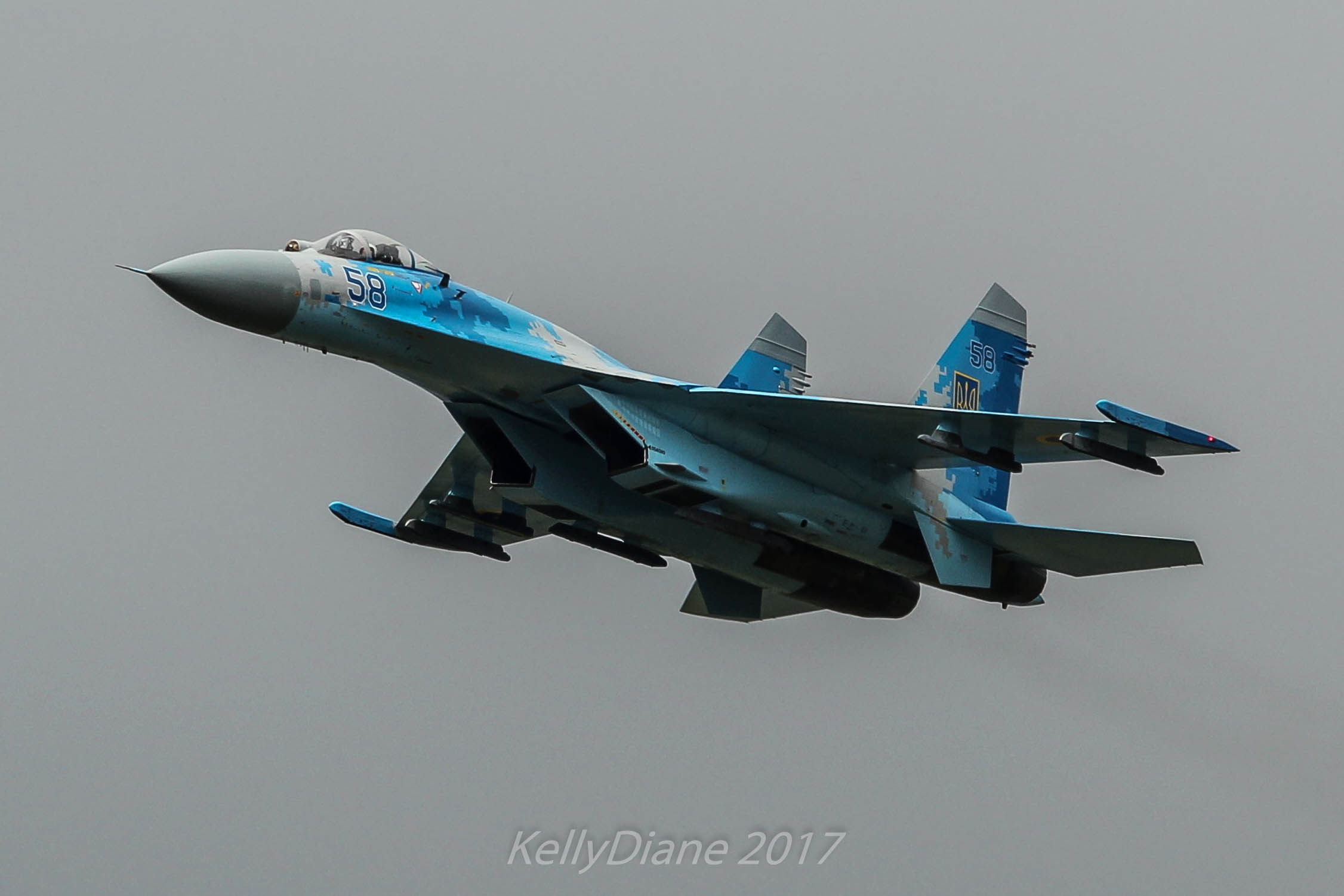 Aviation related image of a blue Ukrainian SU-27 Flanker taken at an airshow. A fact about me