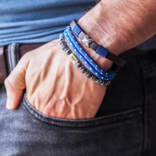 Photo showing a mans wrist with several of the Bracelets Together options