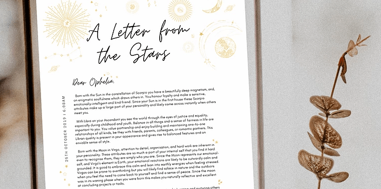 Gift guide option, a letter from the stars in a frame. 